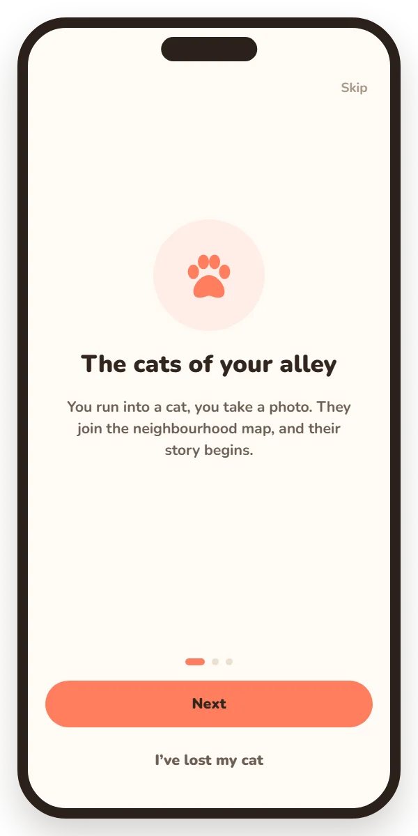 The app's first screen, with the I've lost my cat button