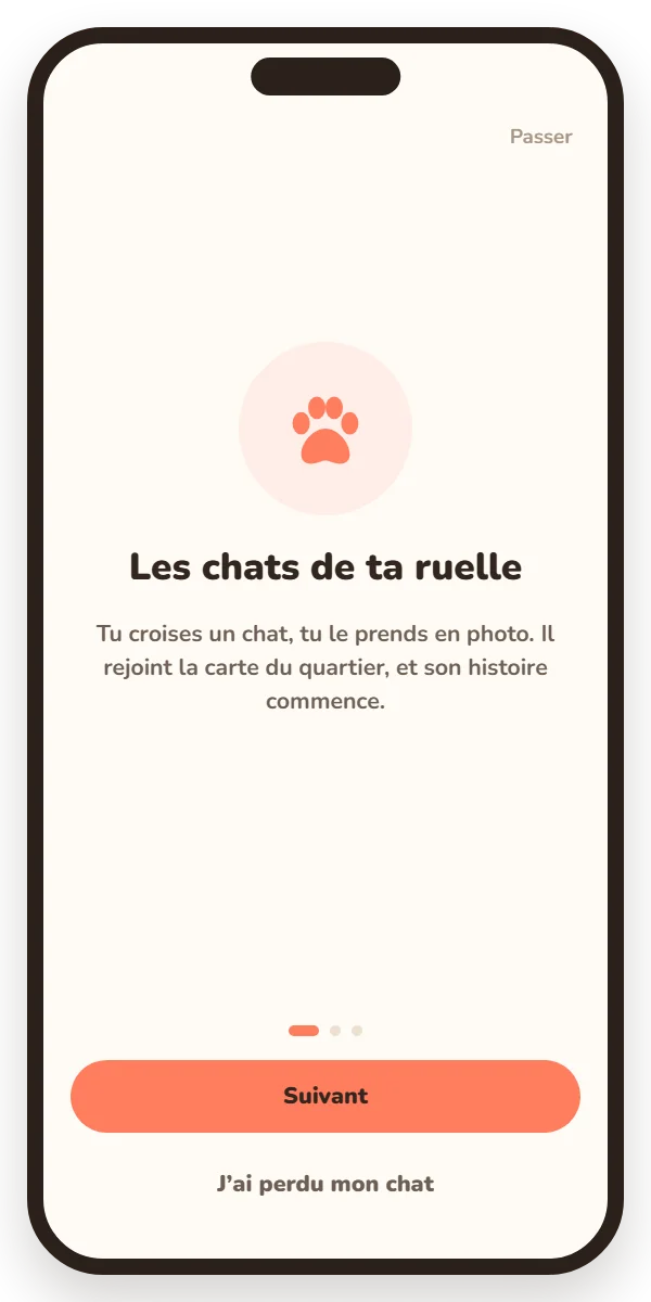 Premier écran de l'app, avec le bouton J'ai perdu mon chat