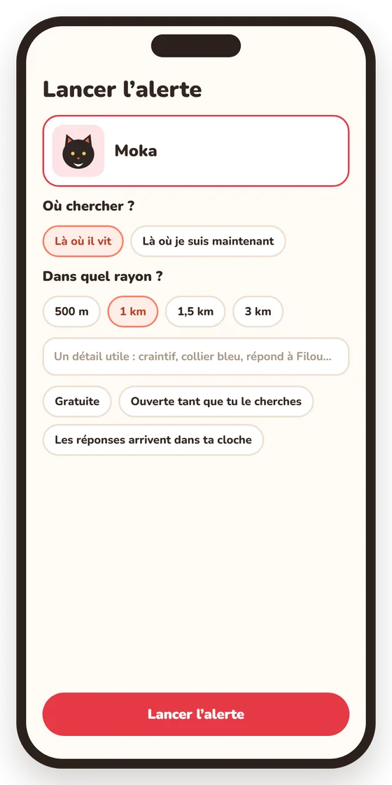 Écran de l'app : Lancer l'alerte