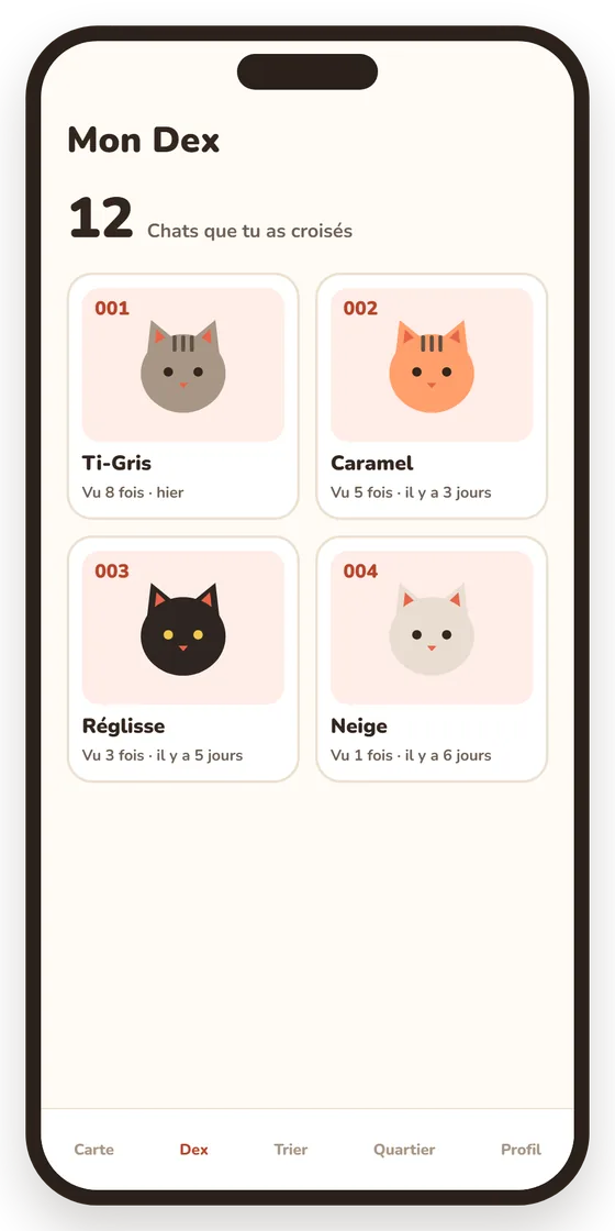 Écran de l'app : Mon Dex, les chats croisés